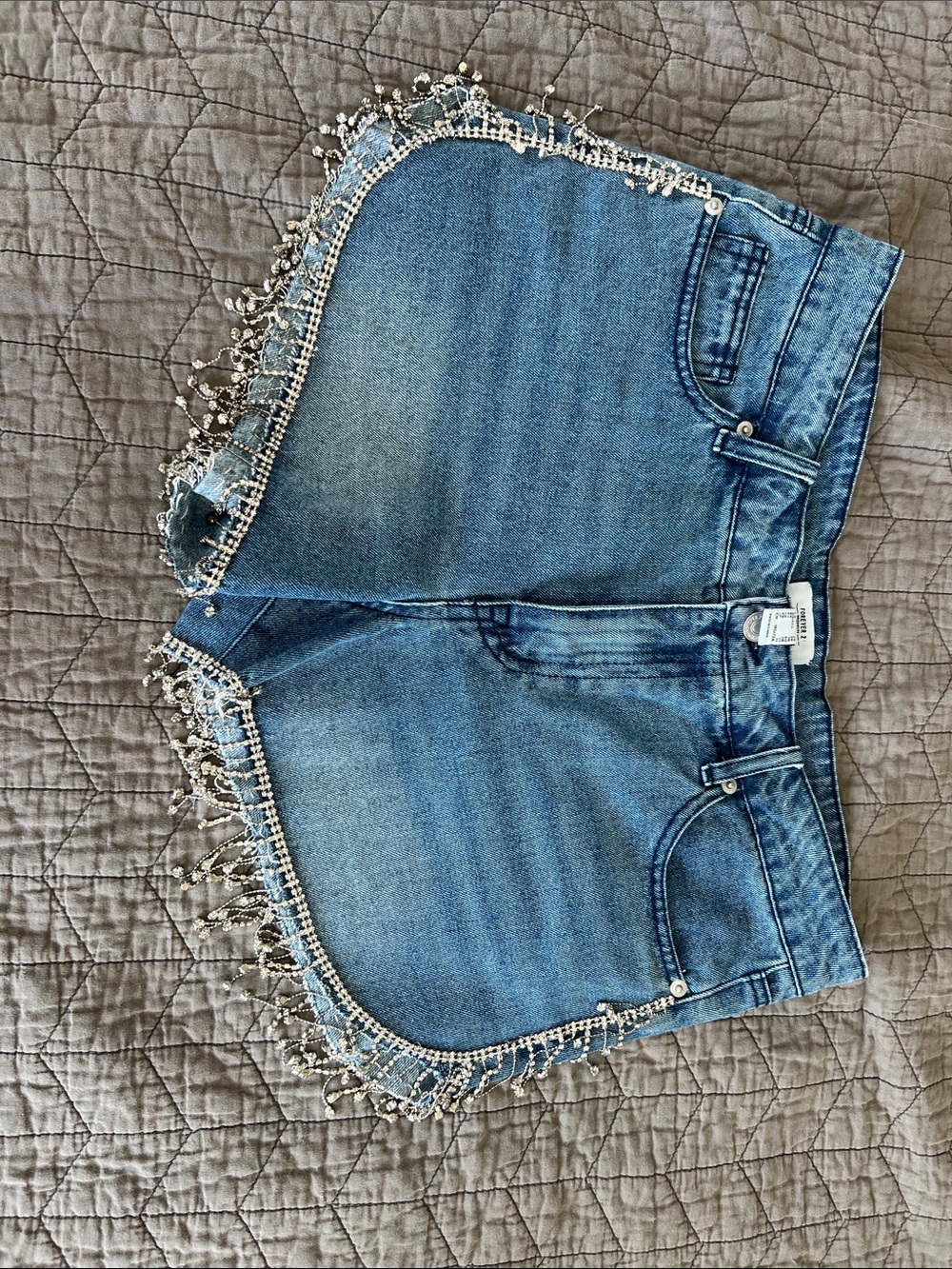 Forever 21 Jeweled Fringe Denim Shorts - Blue